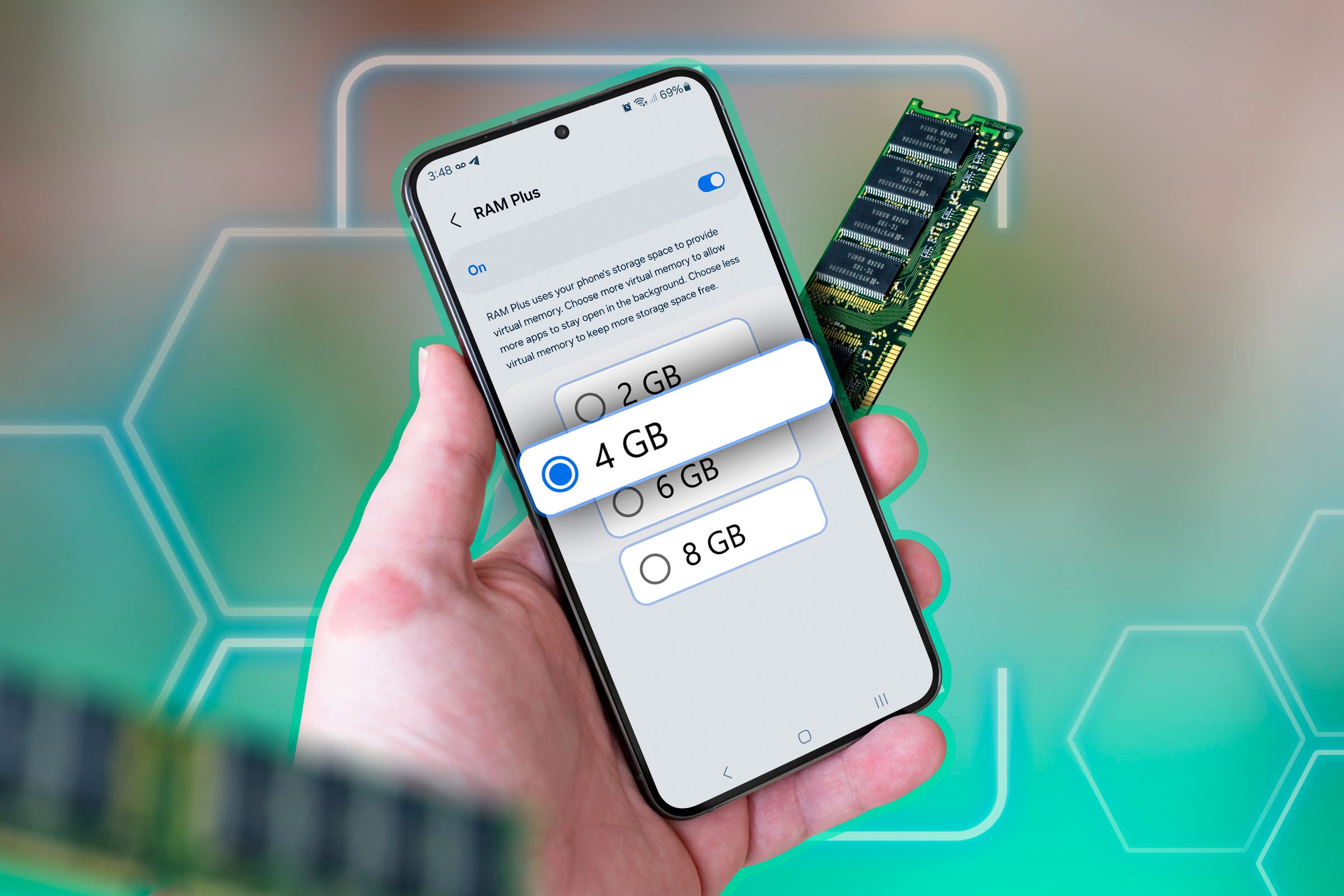 A phone on the RAM memory management screen, with a RAM stick behind the phone.