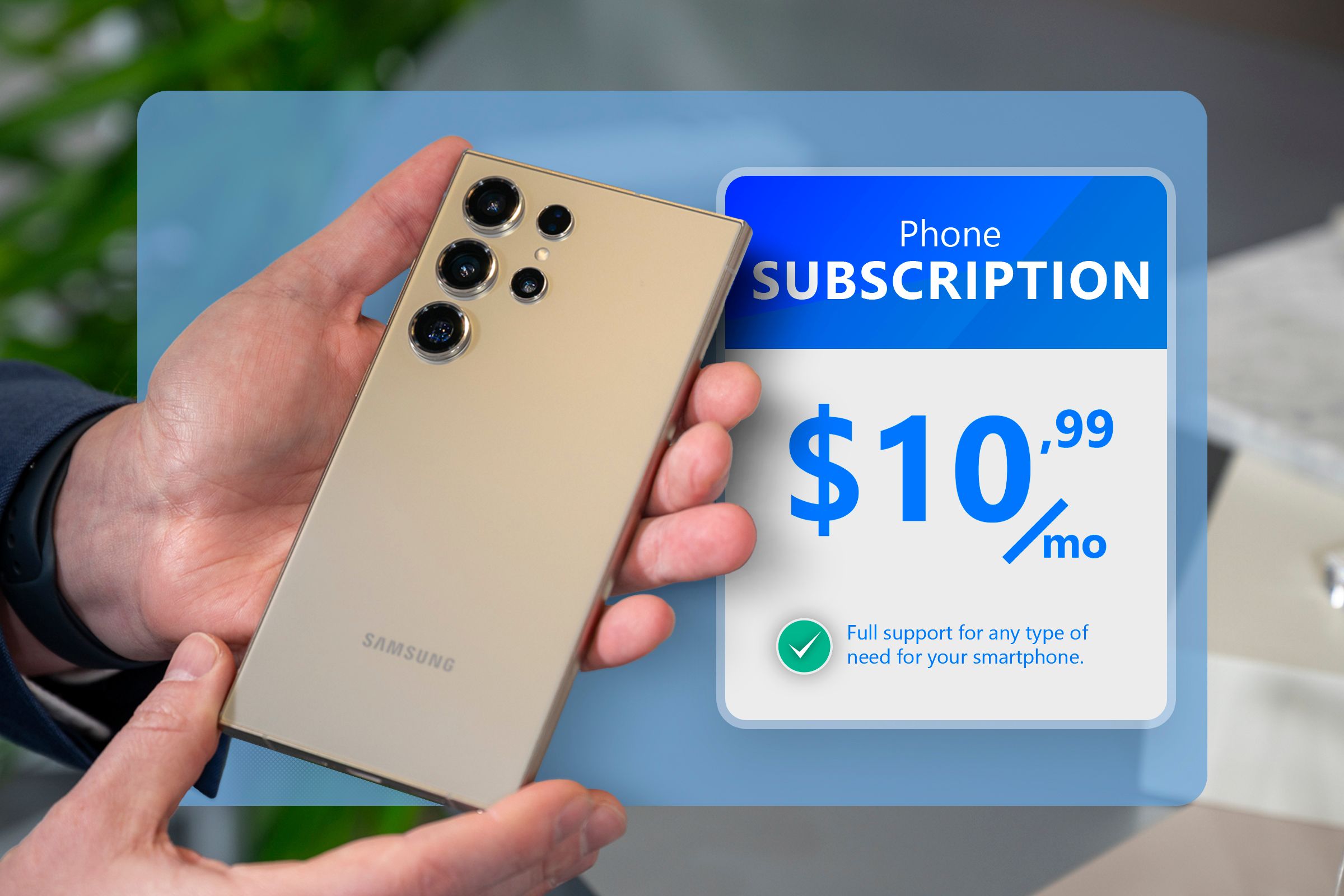 A Samsung Galaxy and a hypothetical support plan subscription card for smartphones.