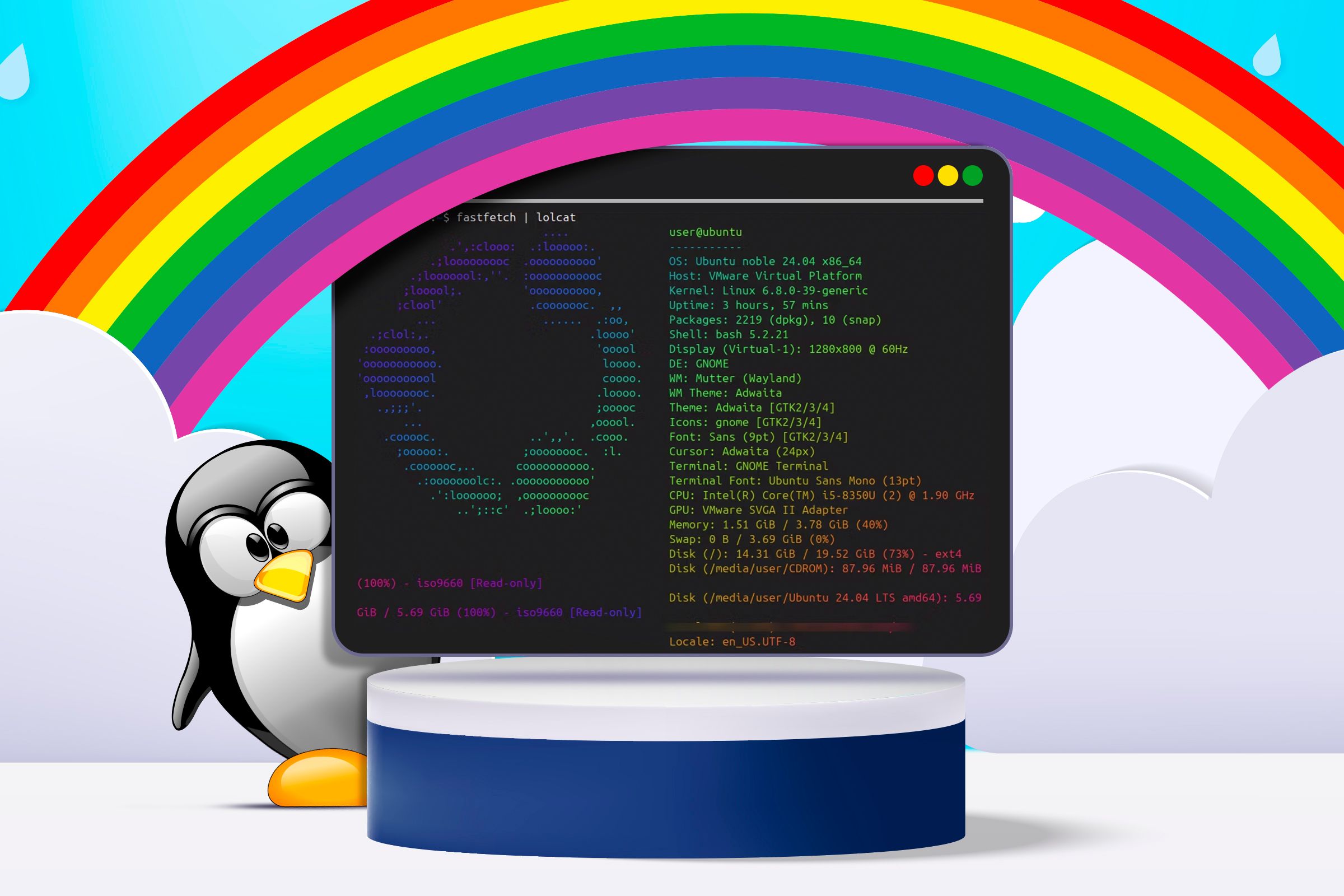 A scene with clouds and a rainbow, featuring a Linux terminal on a podium with Tux standing behind it.