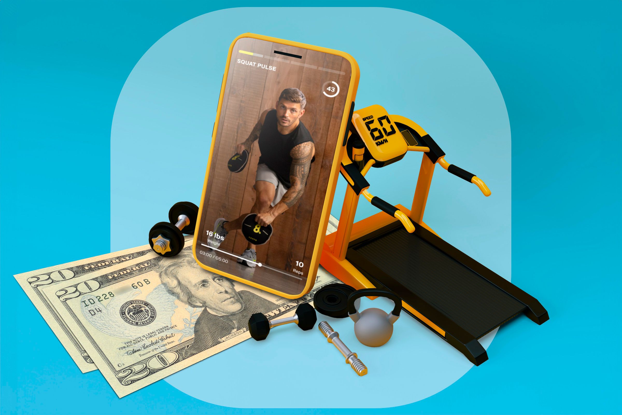 A smartphone with a workout app and some gym equipment around it.