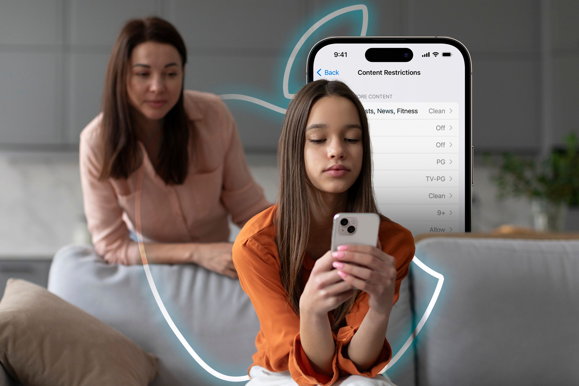 A teenage girl using her cellphone with her mother monitoring, and an iPhone screen showing content restrictions.