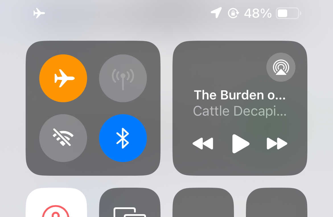 Airplane Mode enabled in Control Center on an iPhone.