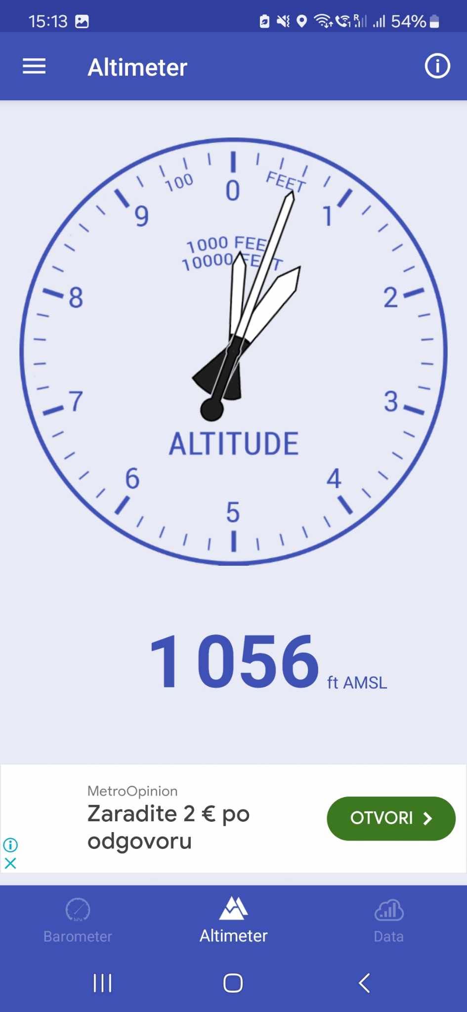 The altitude showing 1056 ft AMSL in a smartphone barometer and altimeter app.