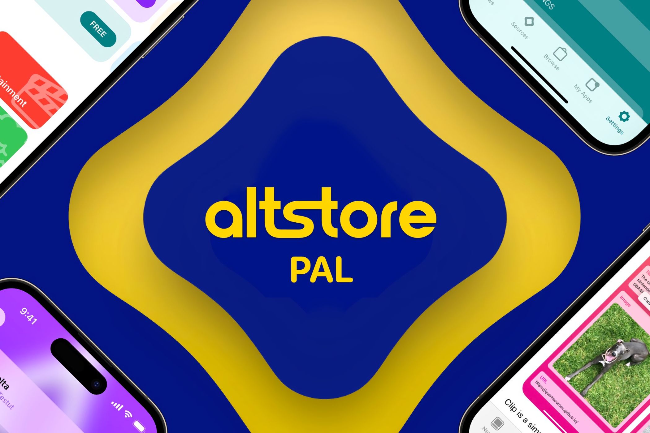 The Altstore PAL logo surrounded by iPhones.