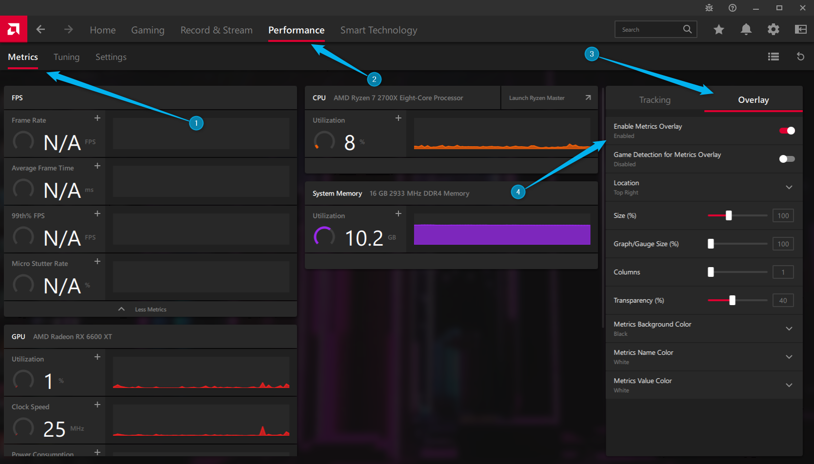 The metrics menu in AMD Software.