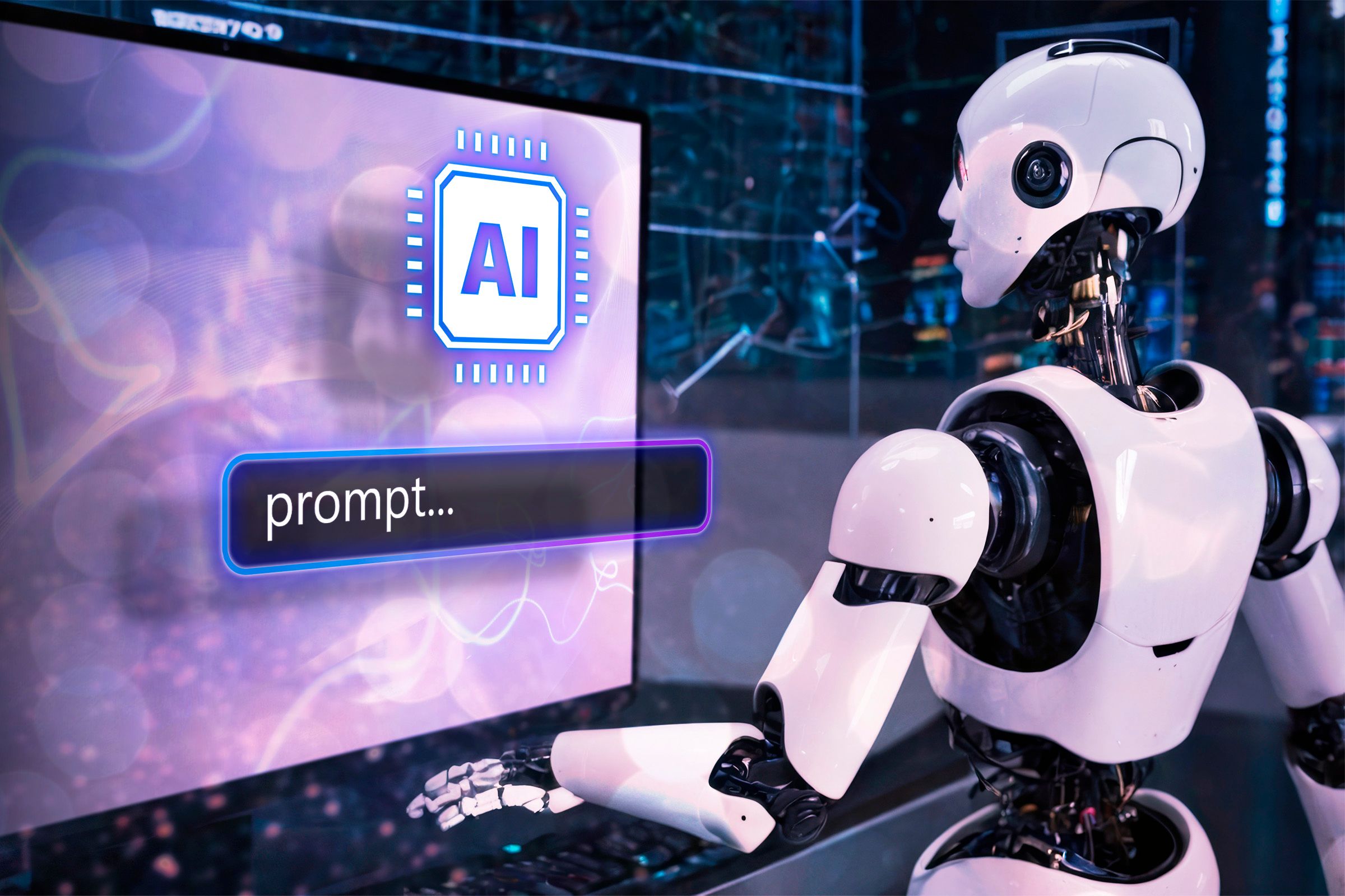 An AI robot using a computer with a prompt field on the screen.