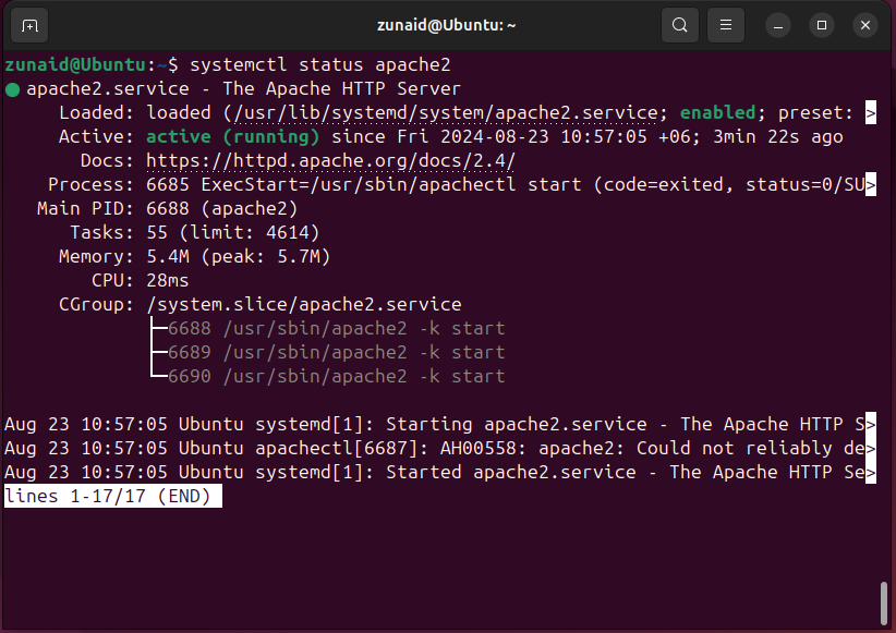 An example of checking the service status of Apache using systemctl.