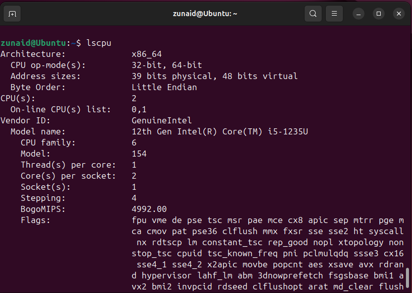 An example of displaying CPU information using the lscpu command on Linux.