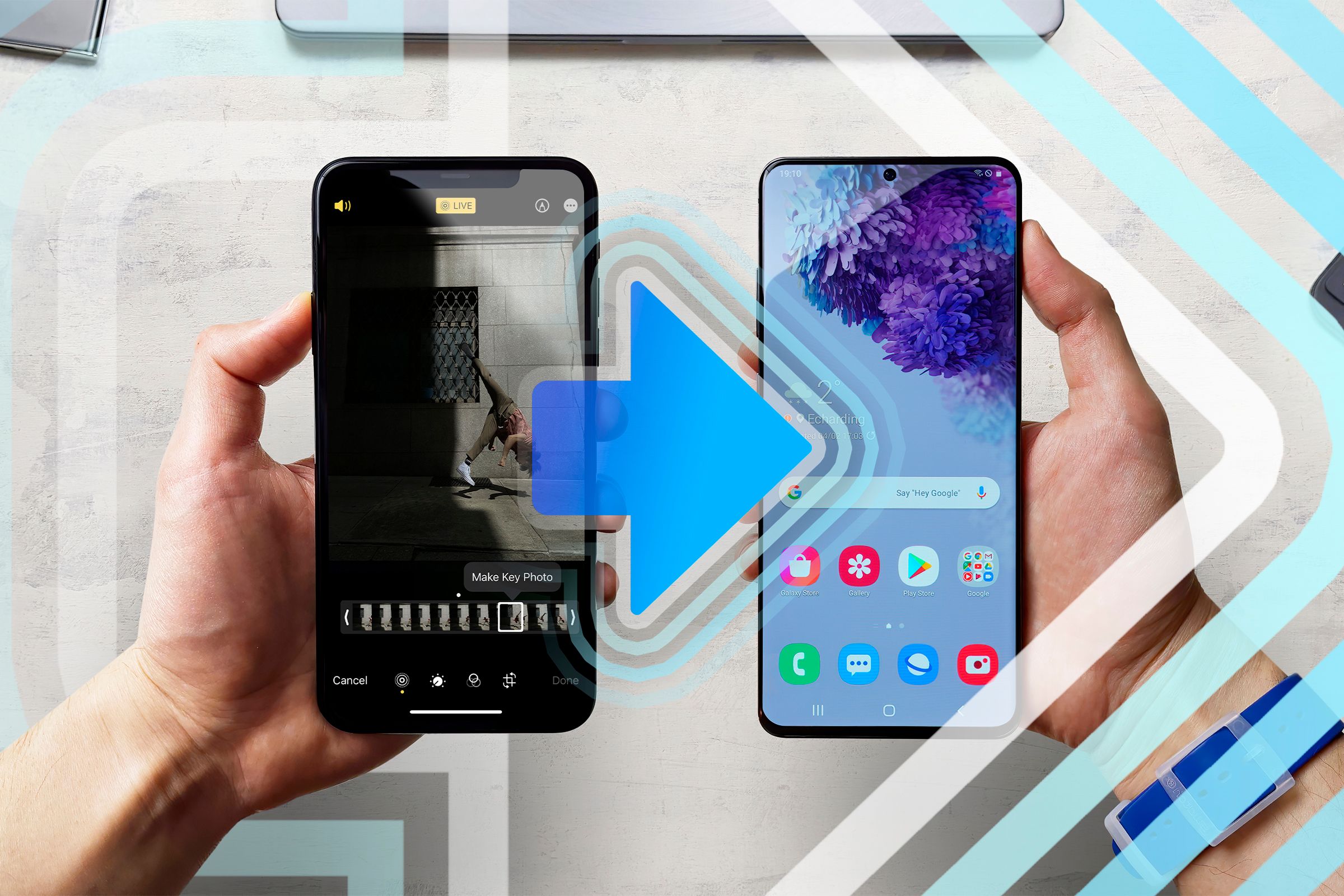 An iPhone with Live Photos on the left, and an Android on the right with an arrow between them.