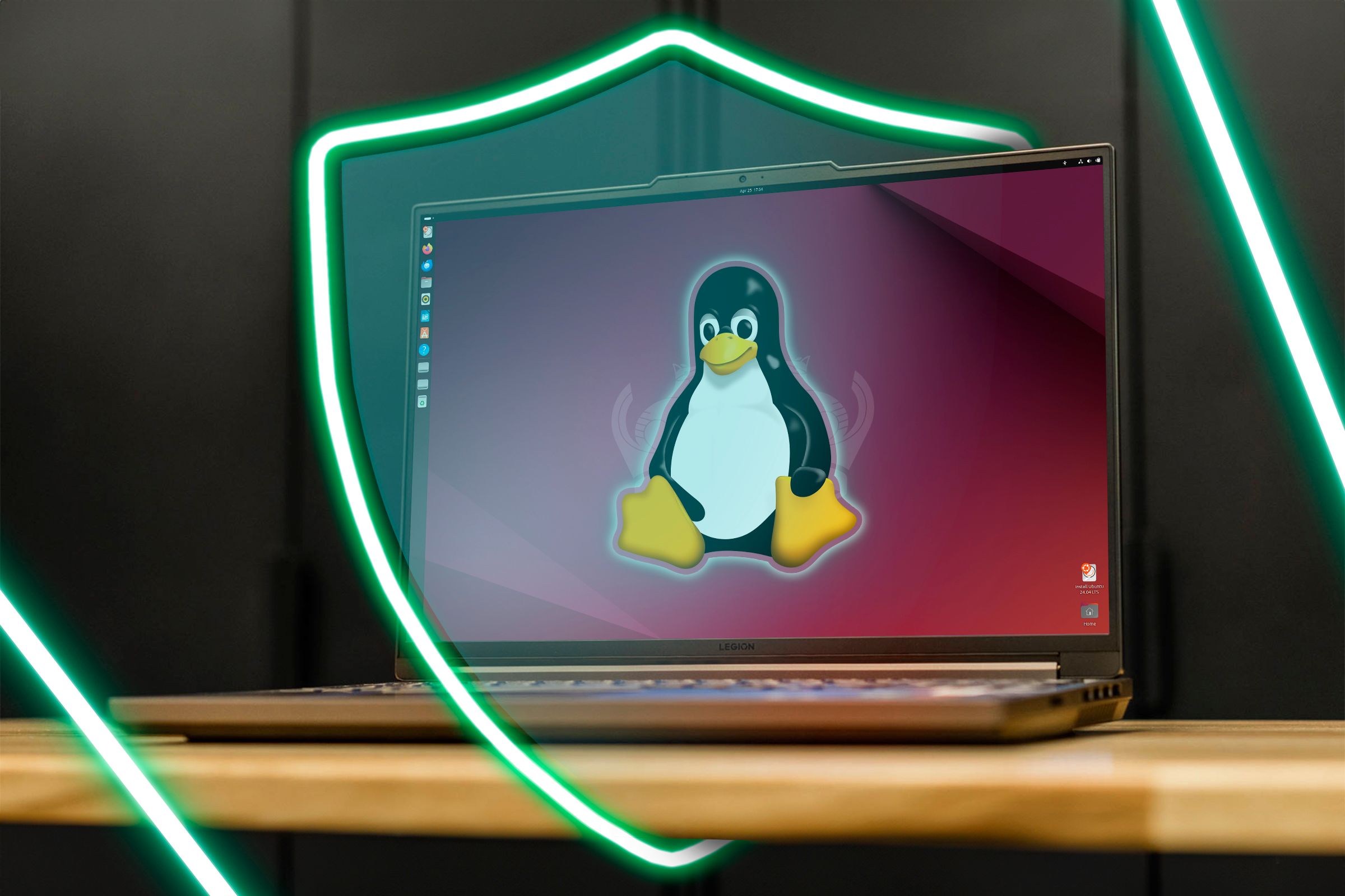 An ubuntu laptop with a shield surrounding it.