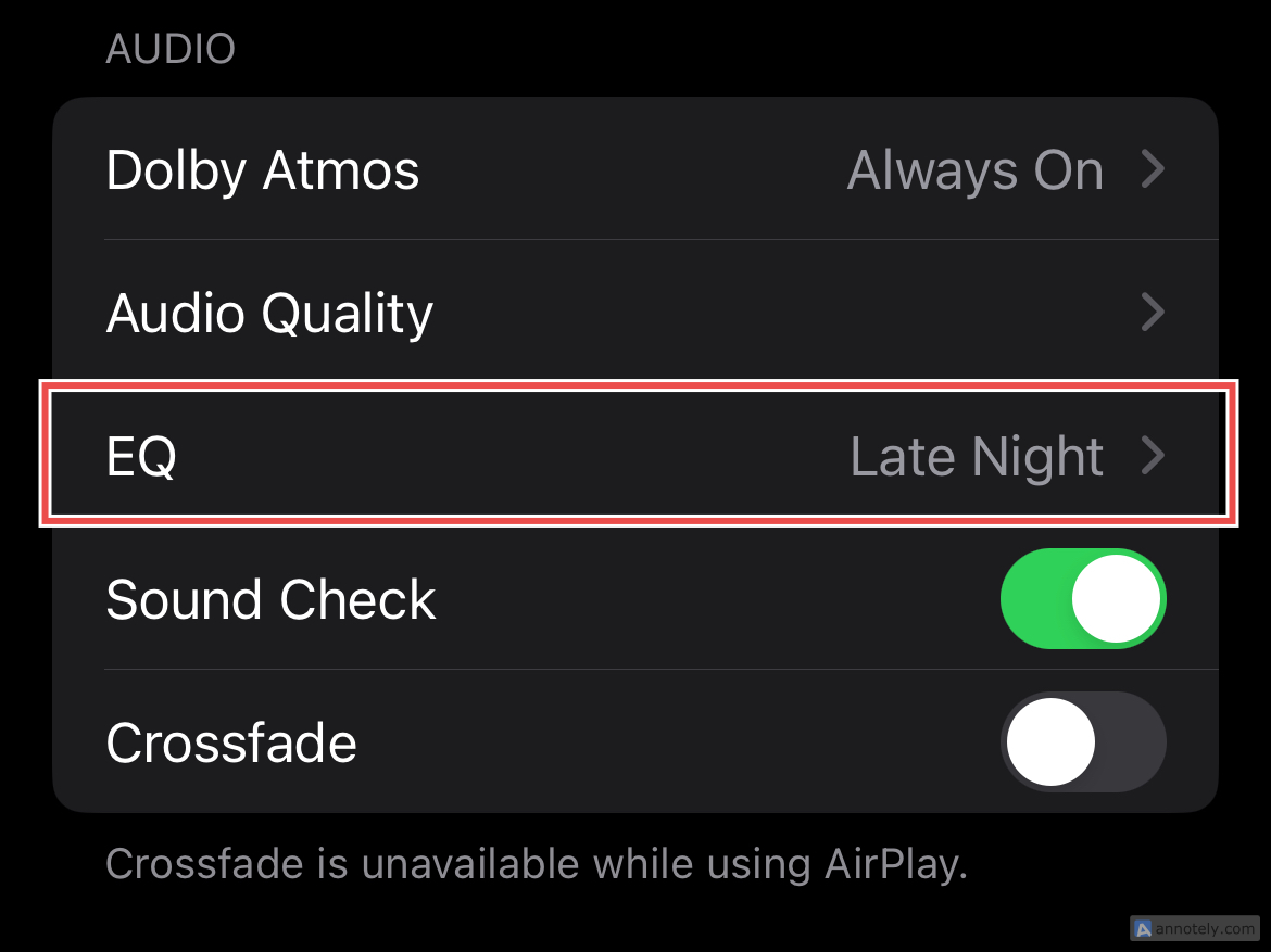 The EQ option in iPhone settings.