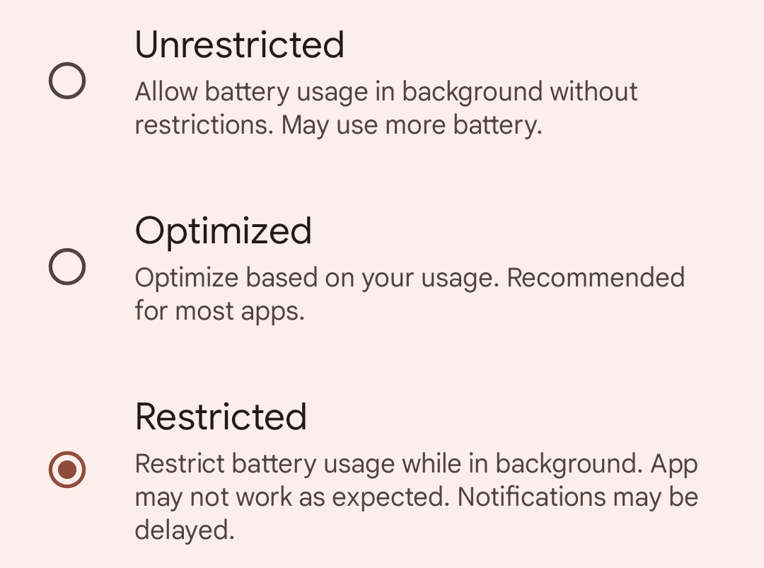 App battery usage options from Android settings.