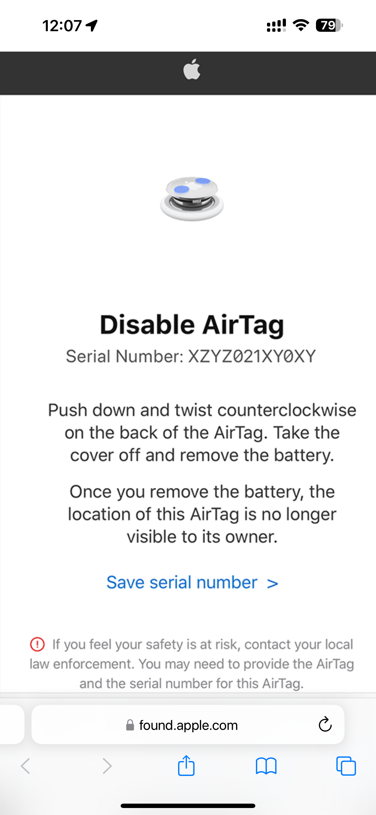 Safari on iPhone with a webpage showing unknown AirTag information displayed.