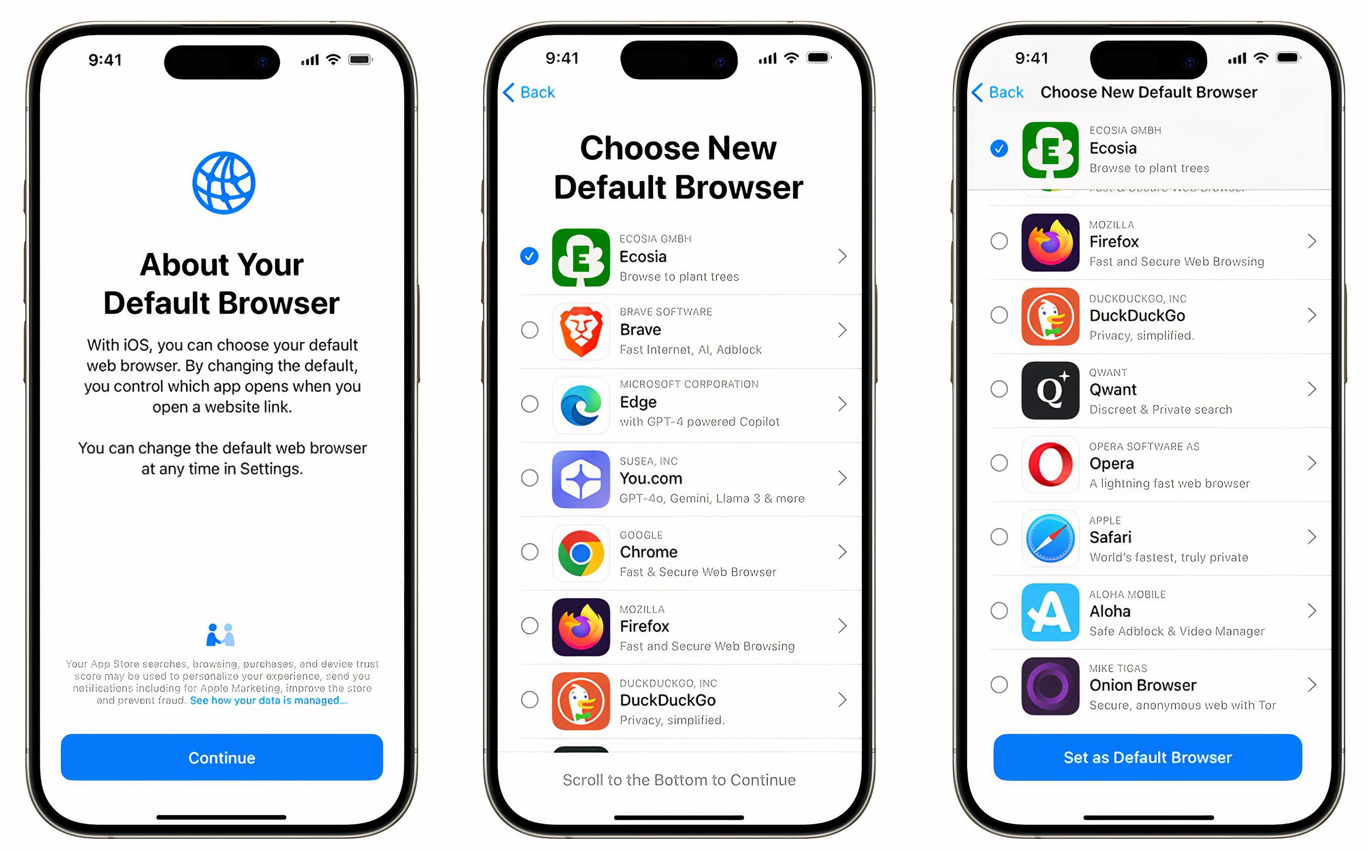 Three framed iPhone screenshots showcasing choosing the default web browser.