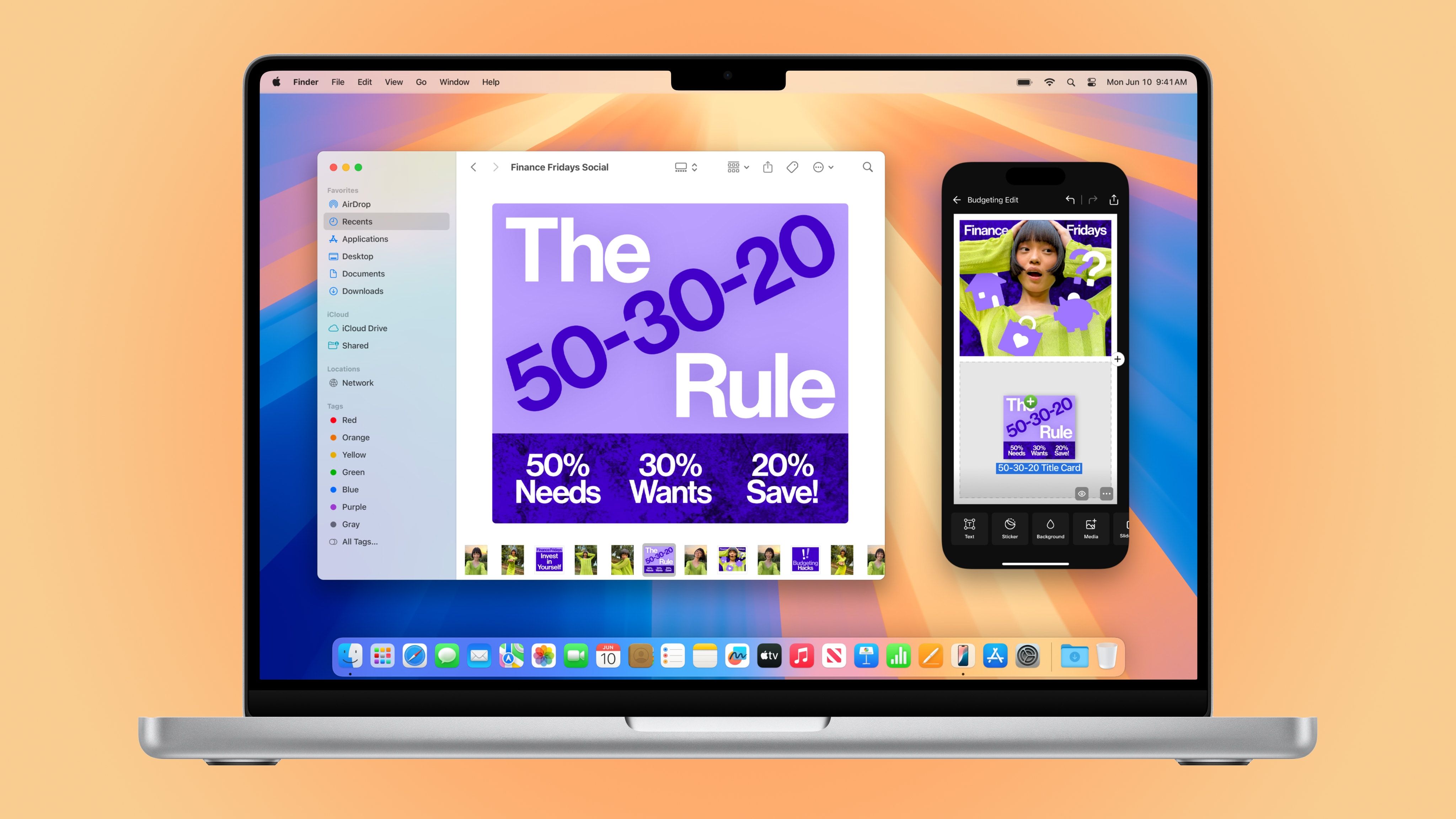 A Mac and an iPhone showcasing drag and drop in iPhone mirroring, set against a color gradient background.