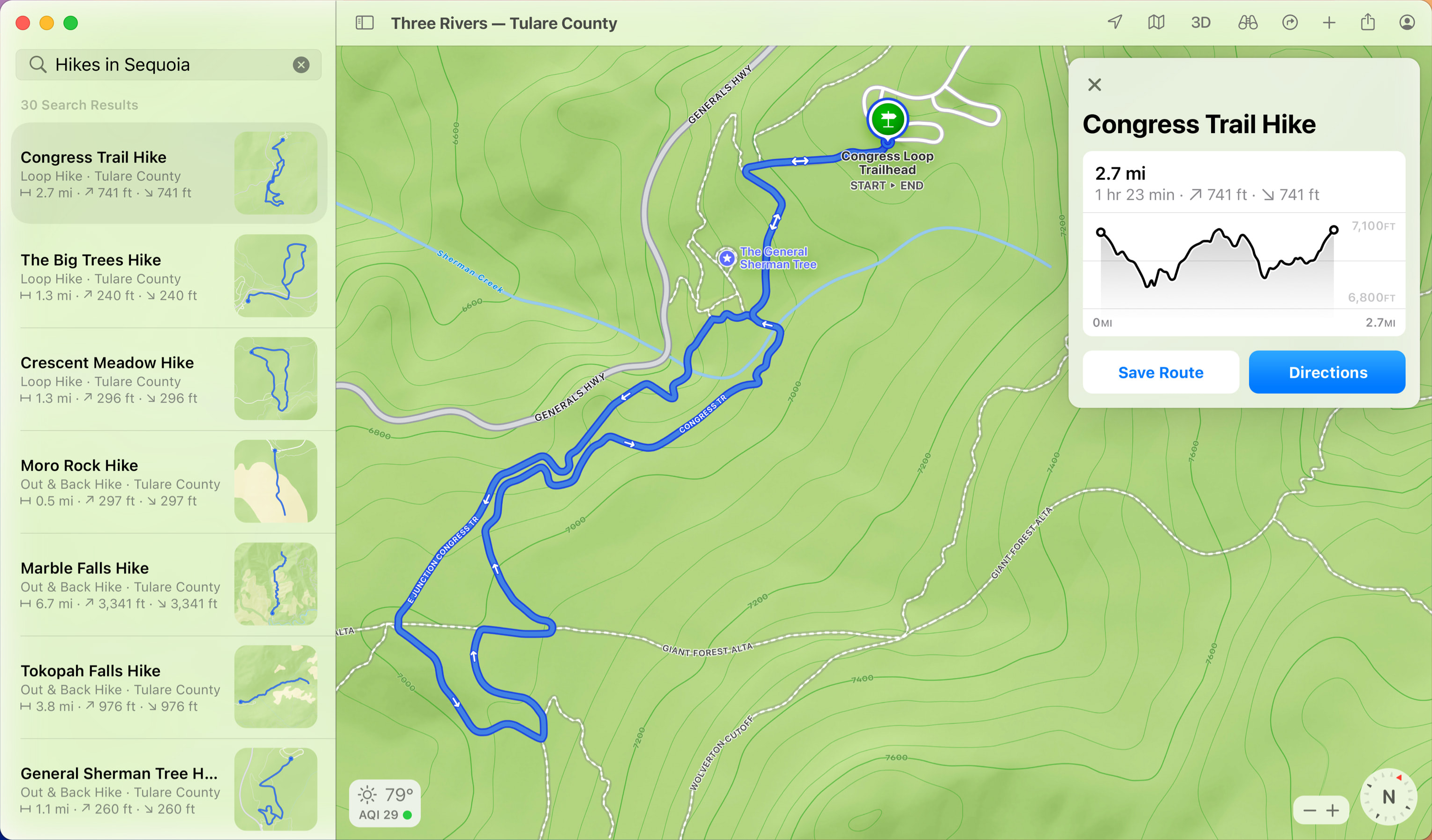 Reviewing hike trails in Apple Maps on macOS Sequoia.