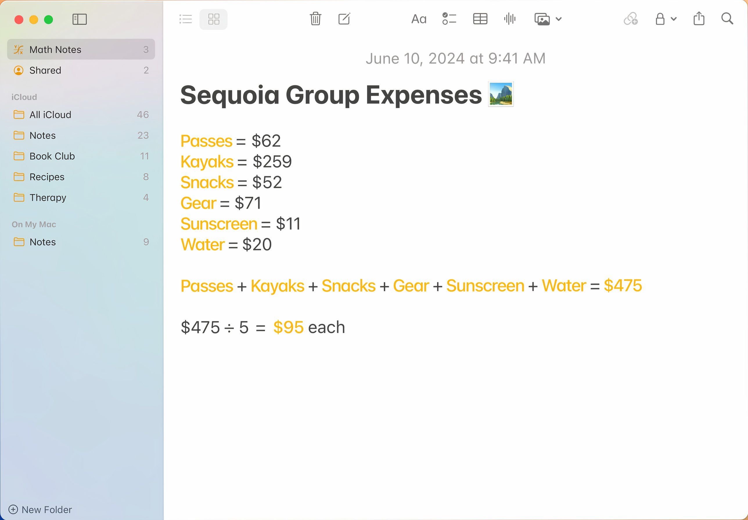 Automatic match calculations in Apple Notes on a Mac.