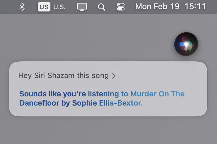 Siri on Mac using Music Recognition to Shazam a song.