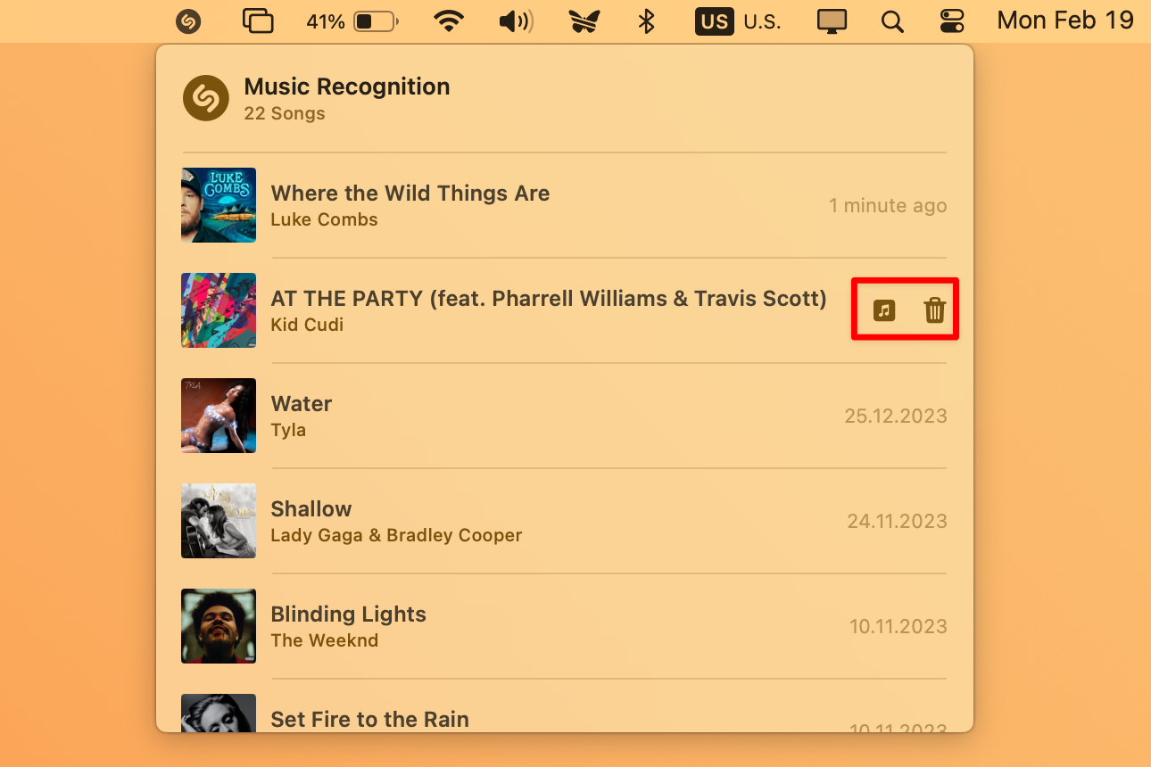 Music Recognition in macOS menu bar displaying Shazam history.