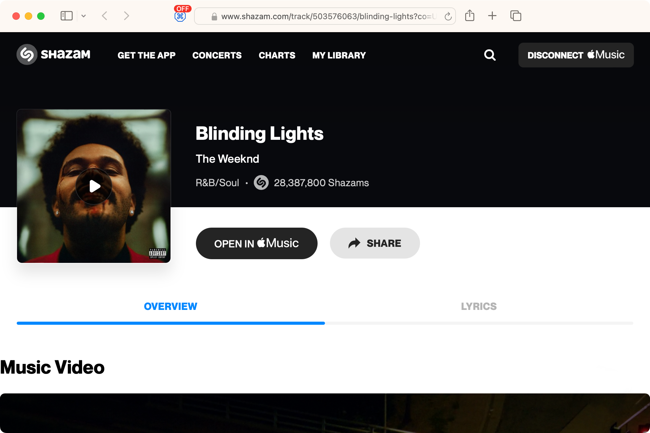 Safari for Mac displaying information about Blinding Lights by The Weeknd.