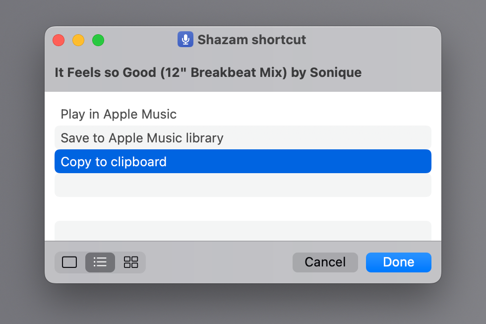 The Shazam shortcut in macOS displaying music recognition menu, with the Copy to Clipboard option highlighted.