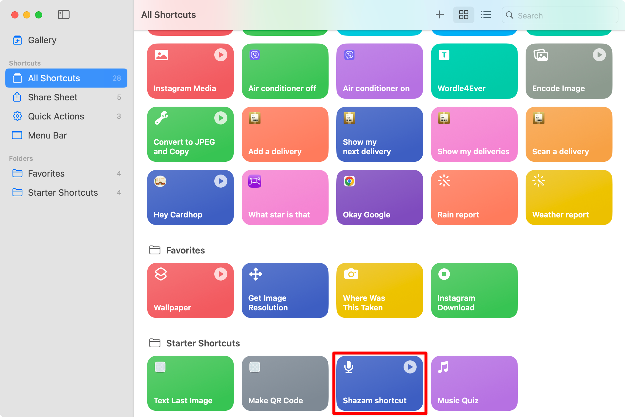 Shortcuts for Mac with the Shazam shortcut highlighted.