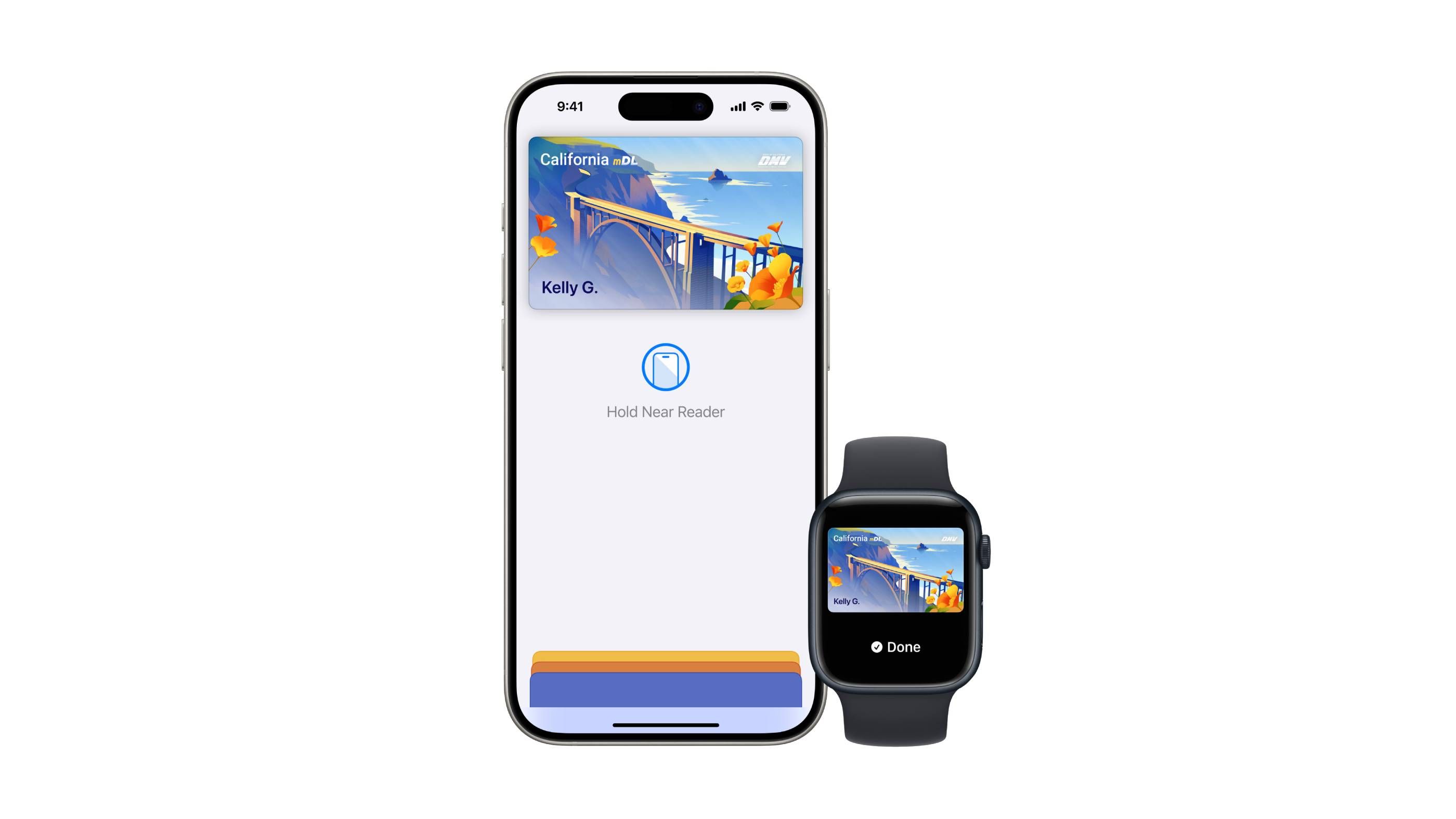 apple wallet showing California IDs on an iPhone and Watch