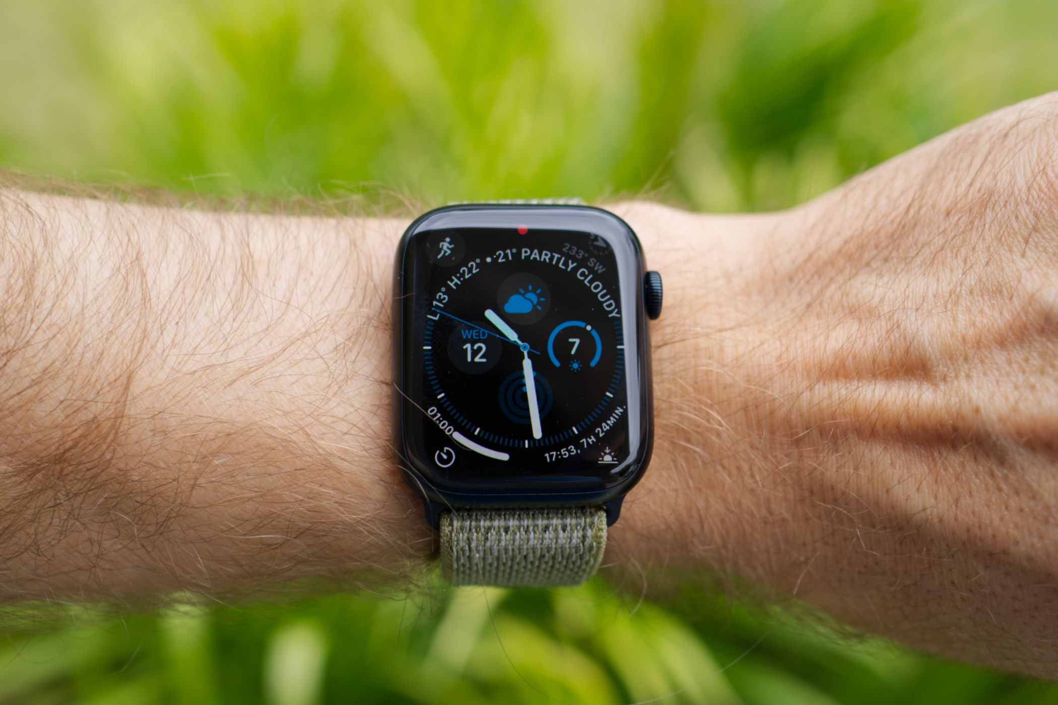 An Apple Watch Series 8 on a person's wrist.