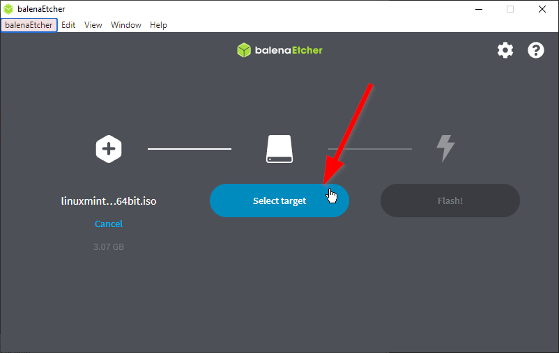 Choosing the "Select target" option in Balena Etcher