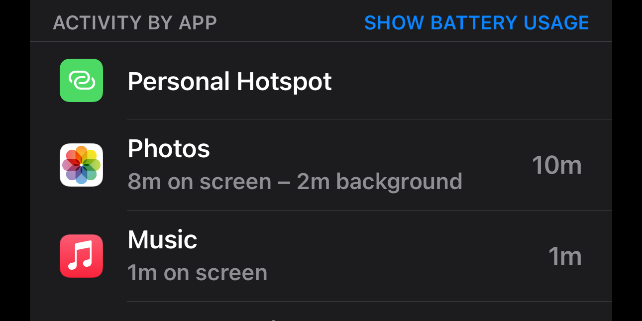 Showing activity per app in the Battery settings on iPhone.