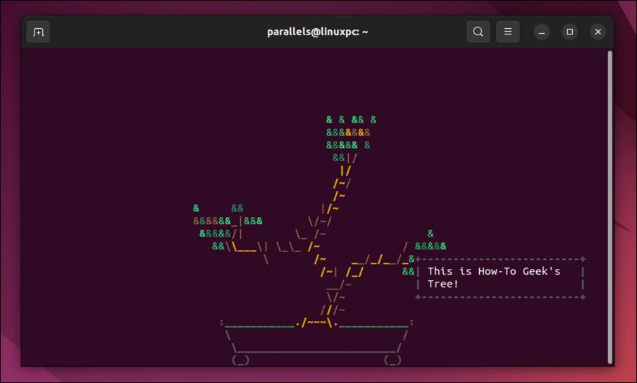 The cbonsai command running in the Ubuntu terminal with a 'This is How-To Geek's Tree!' message attached.