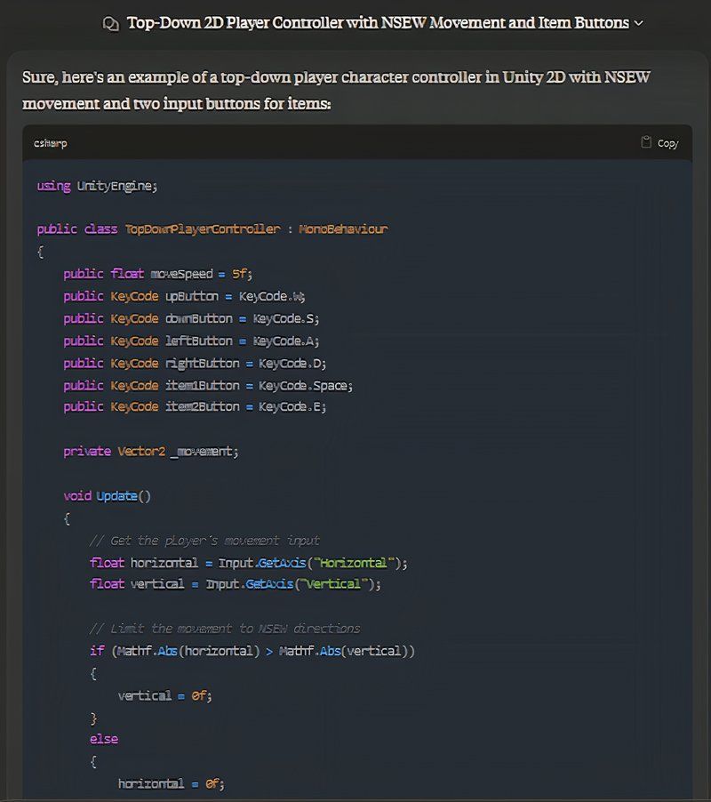 a 2D top-down controller written by Claude AI for the Unity engine