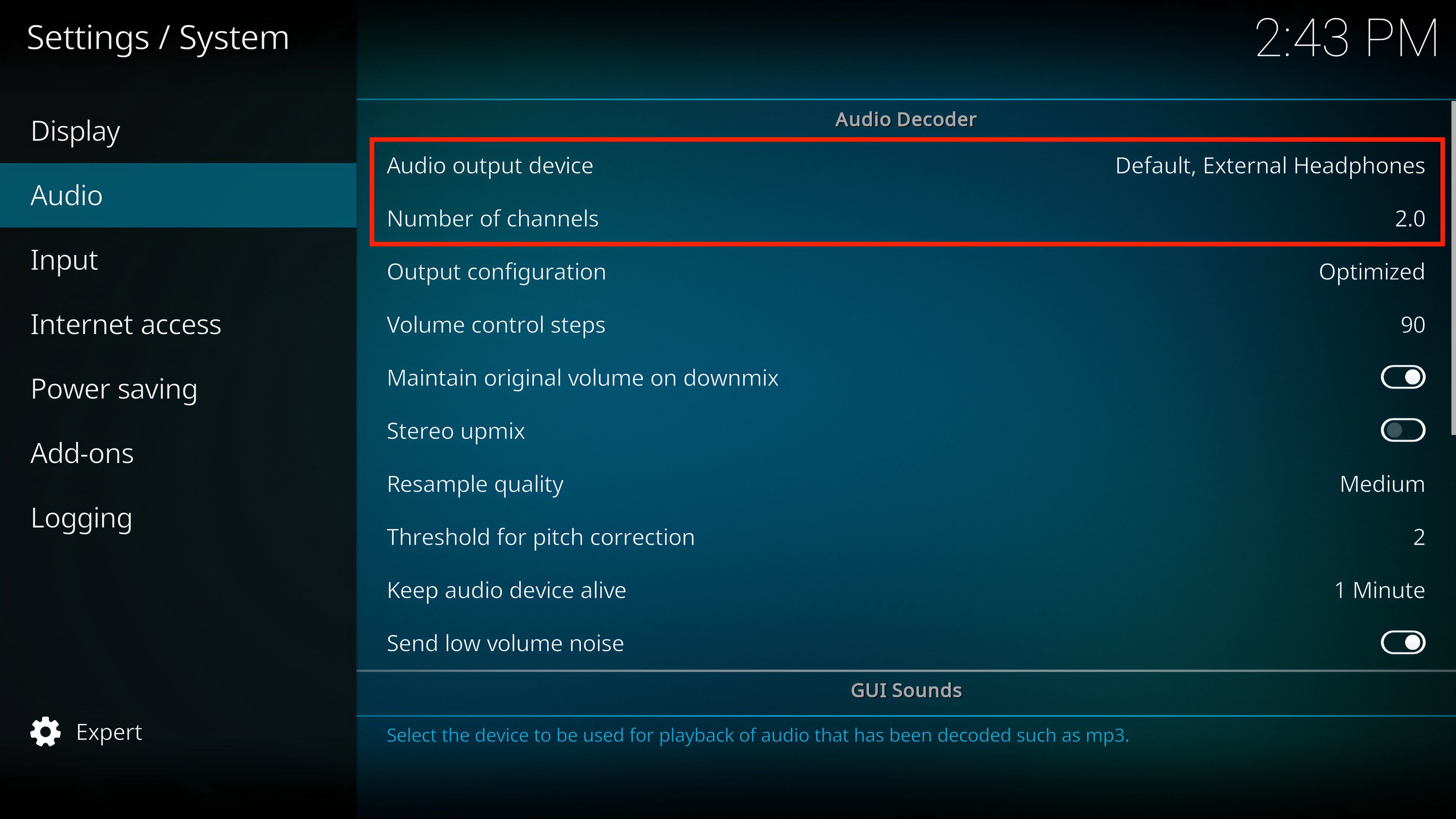 Configure the audio output device and number of channels.