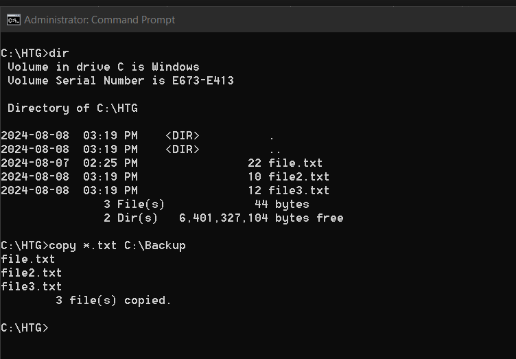 Using the copy command to copy multiple files in Windows.