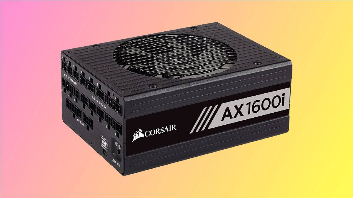 Corsair AX1600i on pink and yellow background