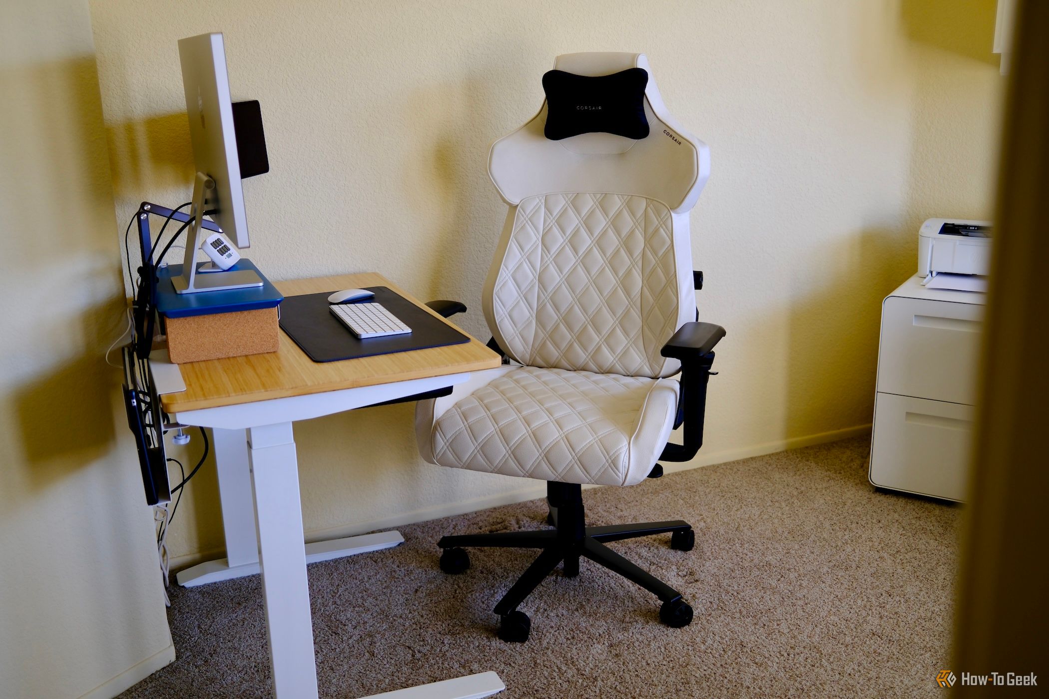 Corsair TC500 Luxe in white behind a desk