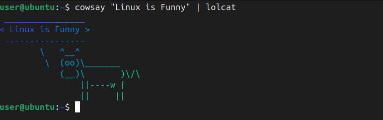 Making the ouptut of fortune and cowsay colorful using the lolcat command.