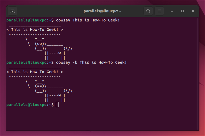 The cowsay command in Linux, showing the message 'This is How-To Geek!'