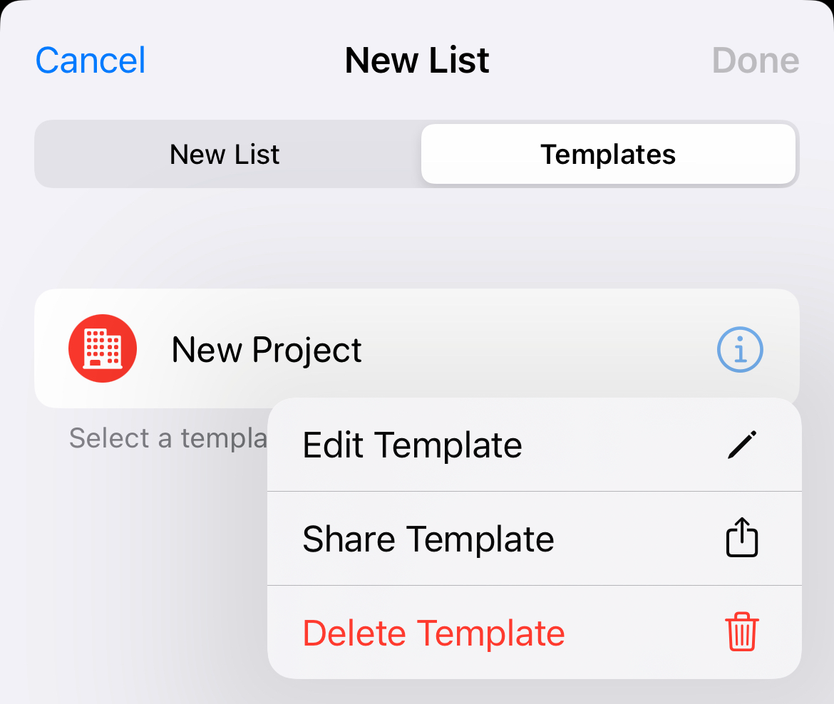 Creating a new list from a template saved in Apple Reminders.