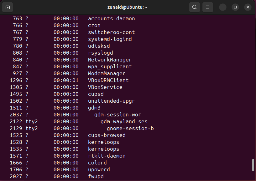 Displaying all processes in a hierarchical format using the ps command.