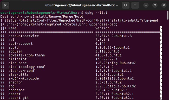 Running "dpkg --list" in the Termminal on Ubuntu.