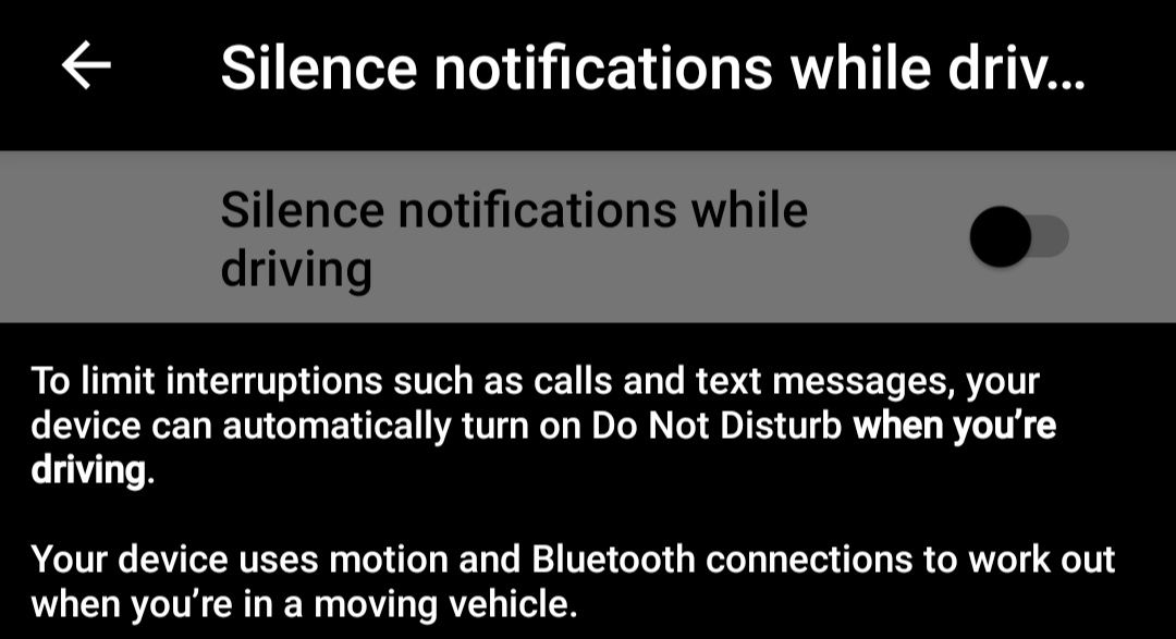 Enabling a setting to silence notifications while driving.