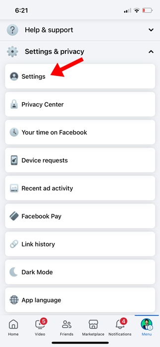 Settings & Privacy > Settings