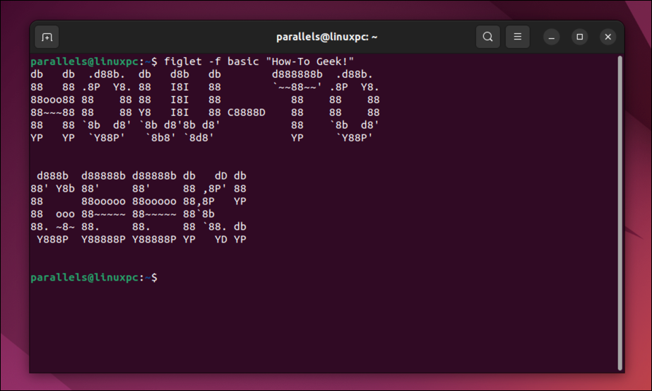 The Figlet command showing an example 'How-To Geek' message in an Ubuntu terminal.