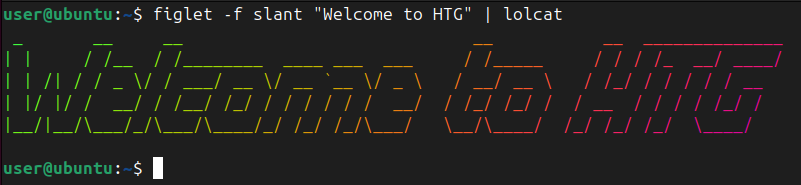 Displaying an ASCII text banner in the terminal with a rainbow-colored format and using a slant font.