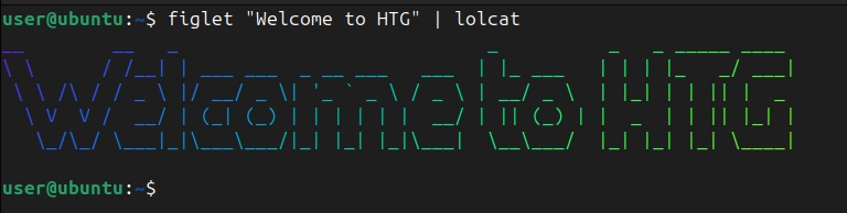 Displaying ASCII text banner in rainbow colored format using figlet and lolcat command.