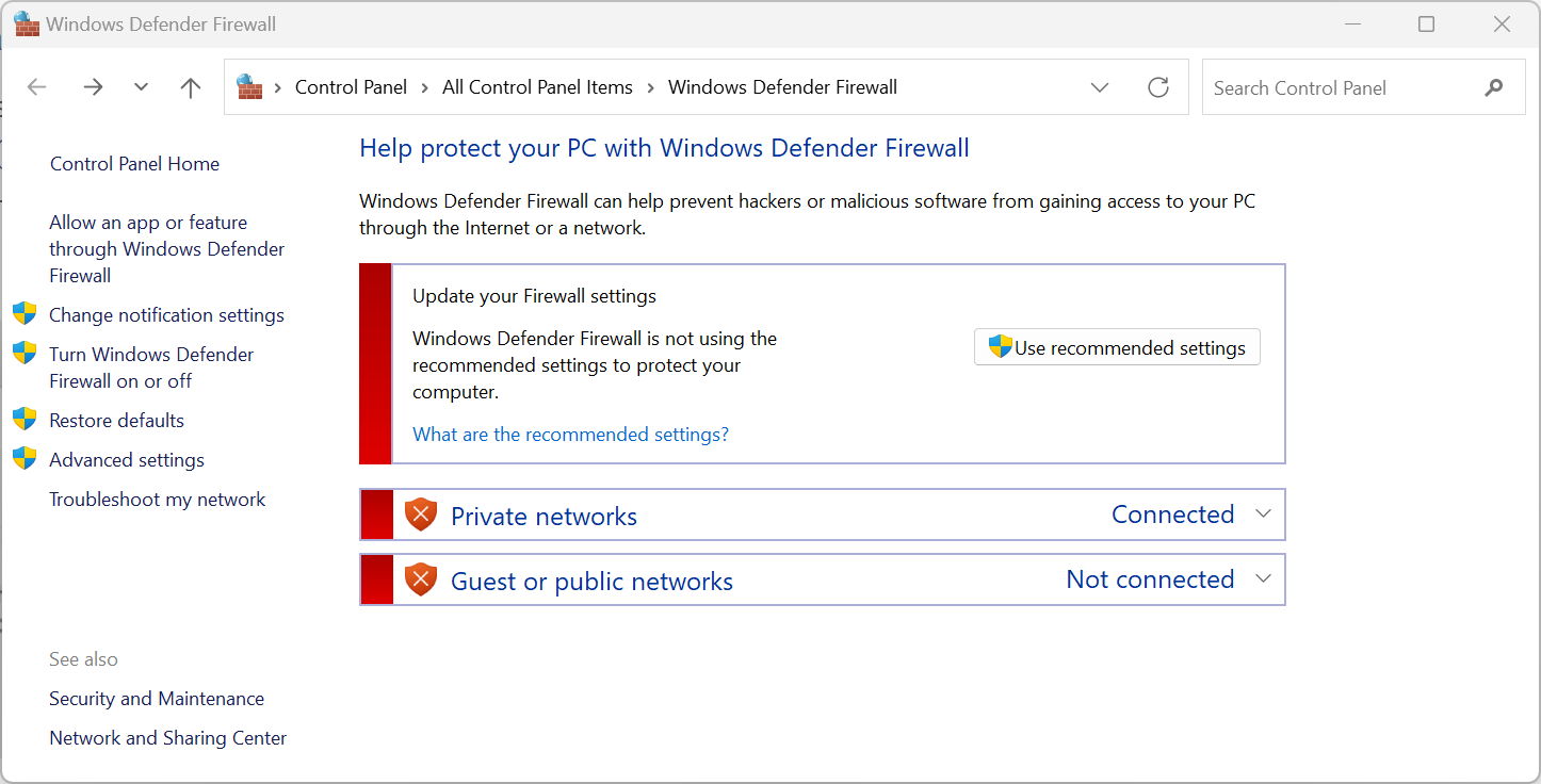 The Windows Defender Firewall disabled.