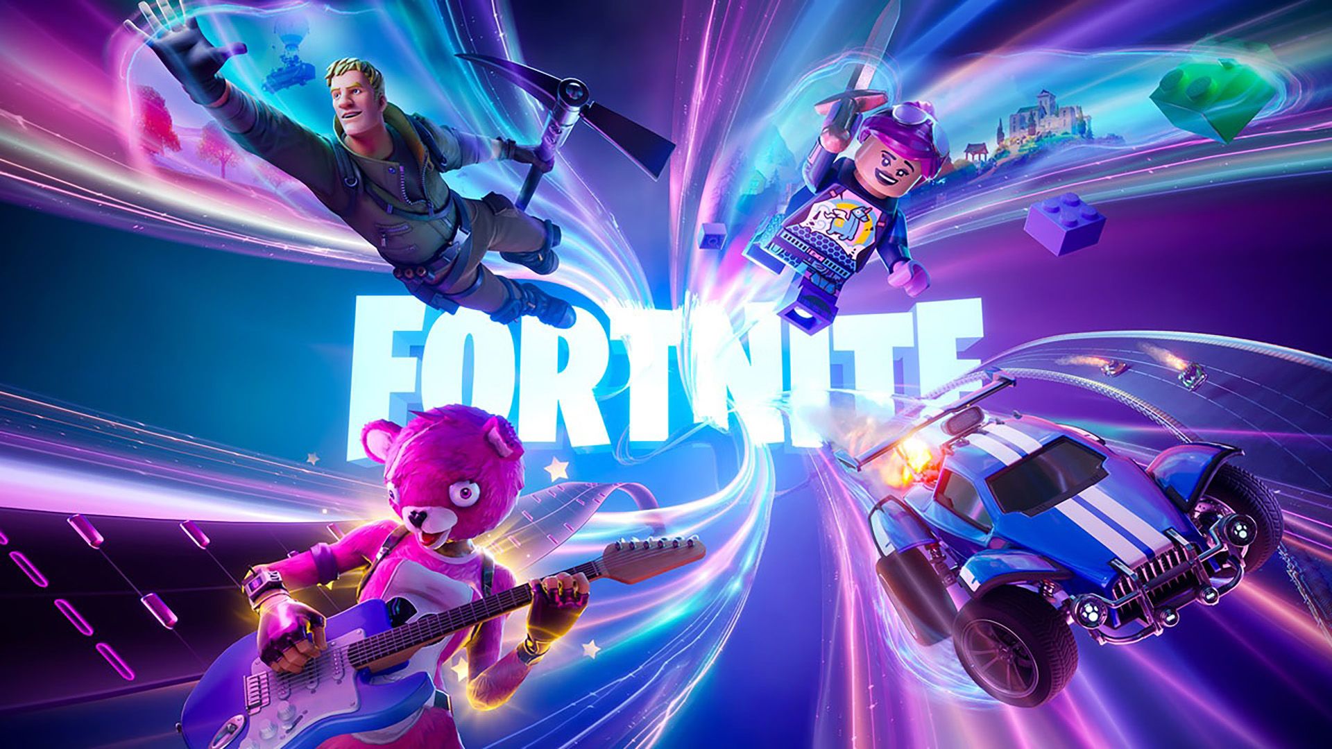 Fortnite logo surrounded by characters.