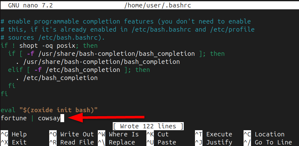 Adding fortune command along with cowsay to the end of bashrc file.