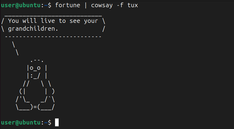 Tux displays random statements using fortune and cowsay commands.